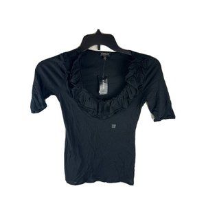 Express Black Cotton‎ Top Ruffle V-Neckline Short Sleeve Pullover Size XS NWT